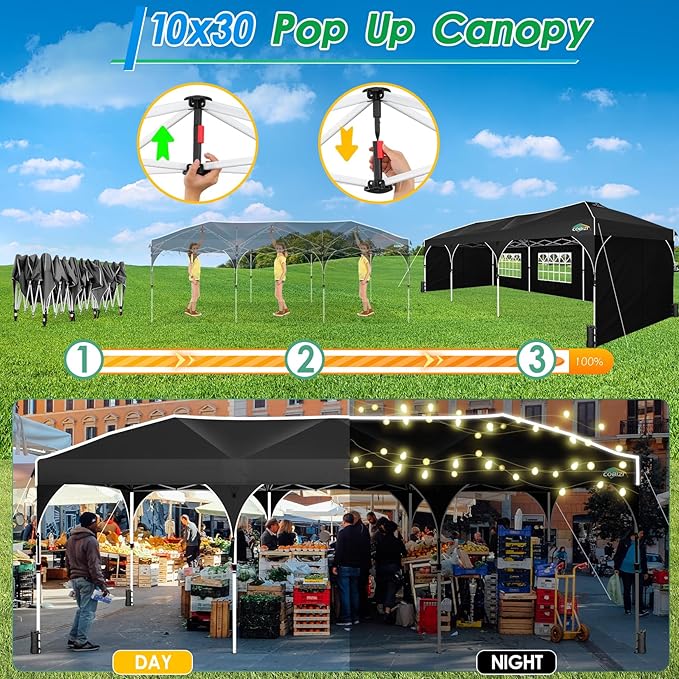 COBIZI 10X30 Party Tent 10x30 Pop Up Canopy Tent for Parties with Wheeled Bag|Push Center Lock & 5 Sidewalls|Waterproof & UPF50+|Gazebo Outdoor Canopy for Wedding,BBQ with 8 Stakes & 16 Ropes,Black