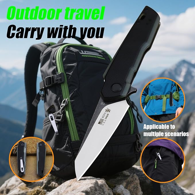 7.8in Folding Pocket Knife with D2 Steel Blade, G10 Handle, Ball Bearing Pivot, Stonewashed Finish – Outdoor EDC Utility Tool for Camping, Hiking, Survival Use(G10 - Black/Onyx Color)