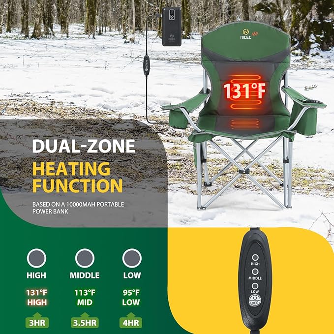 Nice C Heated Camping Chair with Battery, Heated Outdoor Sports Chair, Folding Chairs, with Cooler Bag, Cup Holder, Carry Bag, 10000 mAh Power Bank Included (Green&Grey, Set of 2)