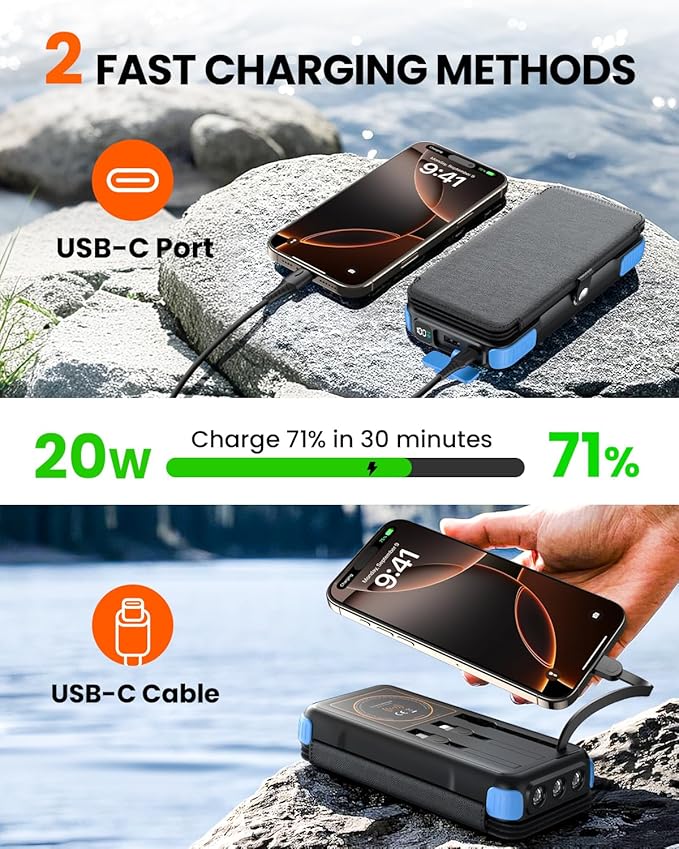 SOARAISE Solar Charger 25000mAh/92500mWh Wireless Portable Charger, 20W Fast Charging Power Bank with Built-in 3 Cables, PD QC 3.0 Phone Battery Pack with 4 Solar Panels & Flashlights for Camping