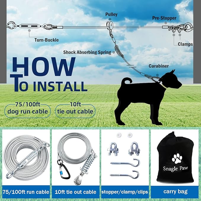 Snagle Paw Dog Tie Out Runner for Yard,Trolley System for Large Dogs, Dog Zipline Aerial Tie Out Cable 75ft with 10ft Pulley Runner Line for Dogs Up to 250lbs for Yard or Camping