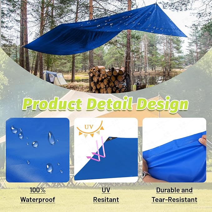 10 MIL Heavy Duty PVC Tarp - Waterproof, Ripproof & UV Resistant Blue Cover for Truck, Boat, Camping, Outdoor Use (6'x8')