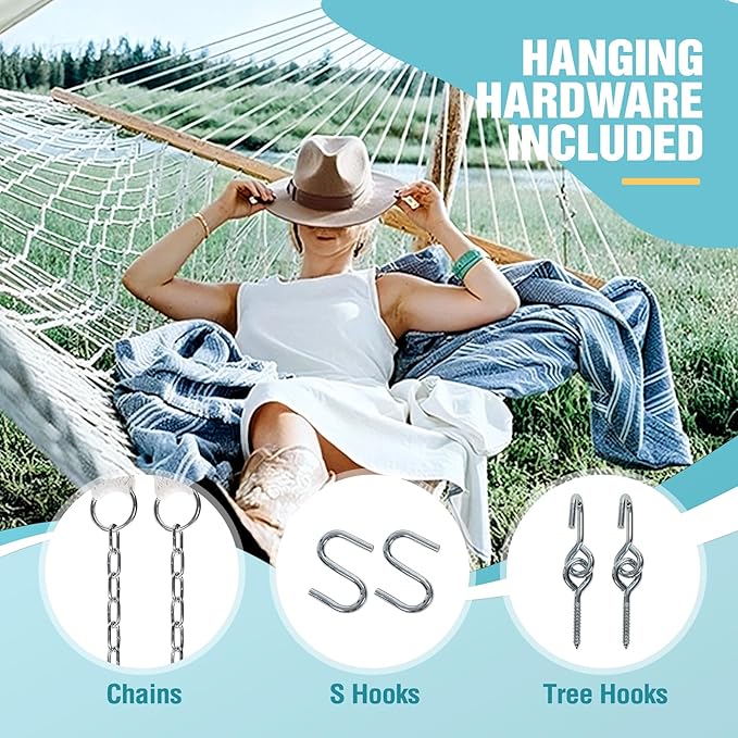 RedSwing Double Hammock for 2 Person,Rope Hammocks for Outside with Wooden Spreader Bars, Includes S-Hooks and Hanging Chains,Capacity 450 lbs