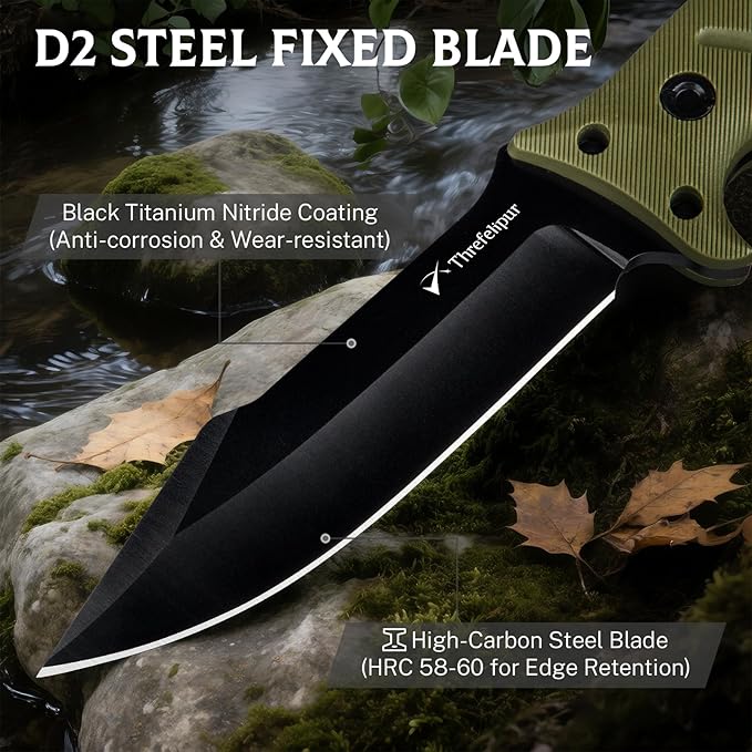 Camping Knife for Men, D2 Steel Fixed Blade Tactical Survival Knife with Sheath - Compact & Portable for Outdoor Hiking, Bushcraft, G10 Handle - Green