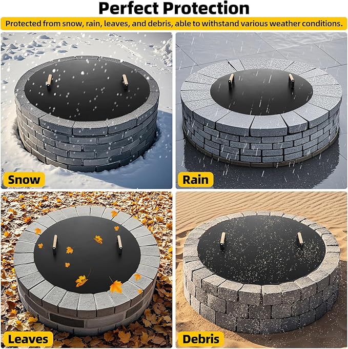 G GOOD GAIN Firepit Lid Round 34 Inch - Rust Resistant Fire Pit Lid Cover with Wooden Handle & Gloves, Fire Pit Snuffer Lid for Courtyards, Patio, Winter Cold Protection. Fits Fire Pits Up to 32"