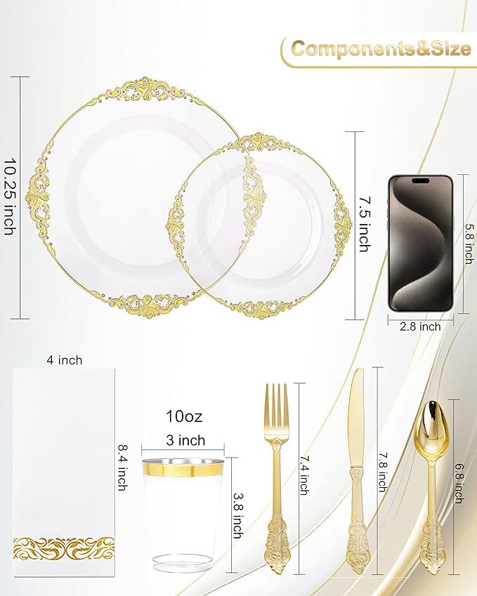 Nervure 175PCS Clear Gold Plastic Plates - Gold Disposable Dinnerware Set for 25 Guests Include 50 Disposable Plates, 75 Plastic Silverware, 25 Cups, 25 Napkins for Wedding & Party & Thanksgiving