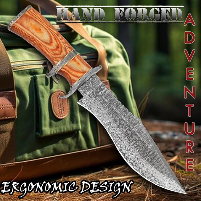 NOORAKI - 15″ Damascus Bowie Knife with Sheath | Hand Made Hunting Knife - Fixed Blade Long Bowie Knives - Ideal for Survival ,Chopping, Camping, Outdoor Gift for Men |Tactical Knife Wood Handle (Brown)