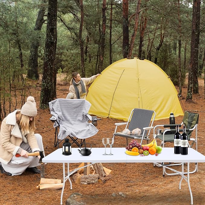 Portable Plastic Folding Table 4ft/6ft/8ft Heavy Duty White Black Picnic Dining Table Fold-in-Half for Camp Party Kitchen Indoor Outdoor