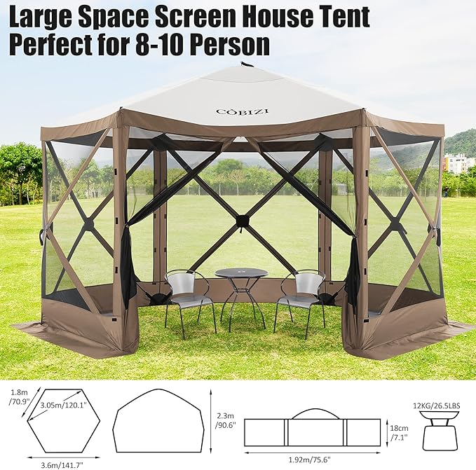 COBIZI 12x12ft Pop up Gazebo Screen Tent Screen House for Camping, Camping Outdoor Screened Gazebo with Sidewalls, Portable Hub Tent with Carrying Bag and Ground Stakes, Brown(Upgraded 2.0)