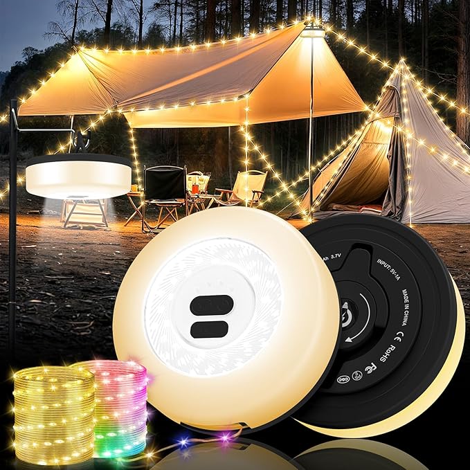 Camping String Lights, 4 in 1 Quick Storage Camping Essentials Gear 32.8FT Rechargeable Tent Lights with 9 Modes Warm +RGB Waterproof Camp Lamp for Camping Hiking Patio Garden Halloween Xmas Decor