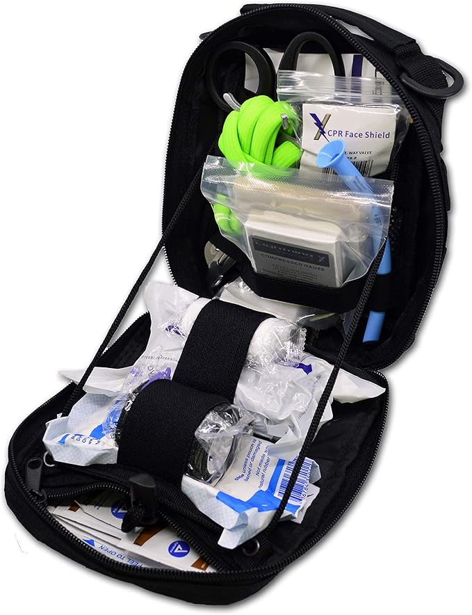 Lightning X Products Premium Nylon MOLLE Pouch Emergency Kit, Ideal for Tactical Medics, Military, Outdoor Enthusiasts (8" x 6.5" x 3", Black or Tan, for Gunshot Wounds & Bleeding Control)