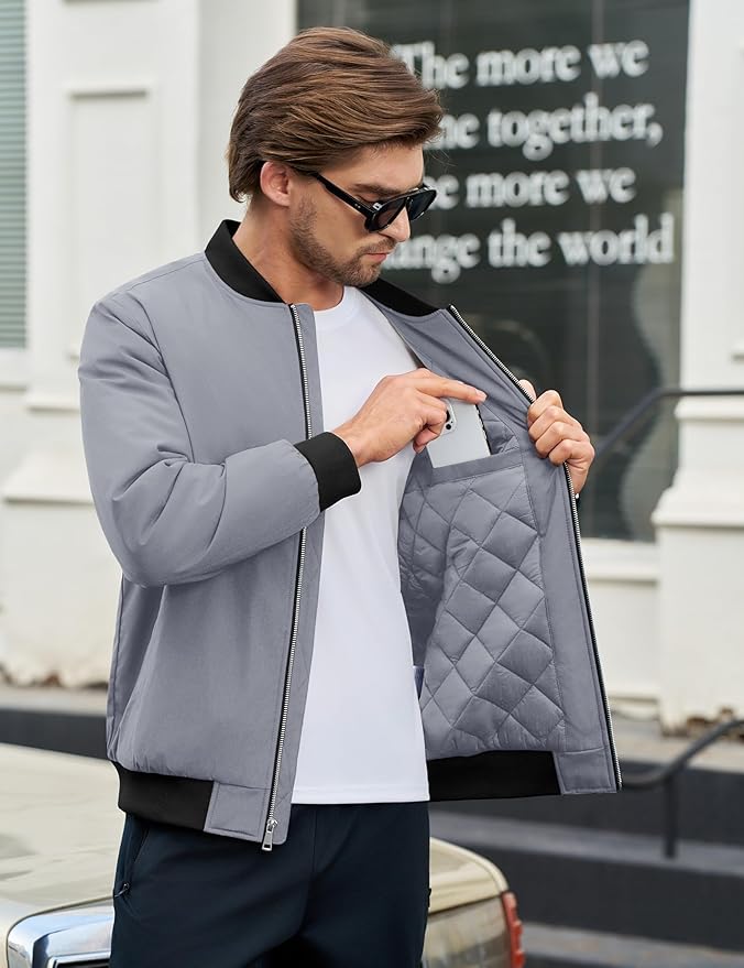 Cotrasen Men's Bomber Jacket Full Zip Windbreaker Warm Winter Windproof Casual Outwear Padded Lined Coats