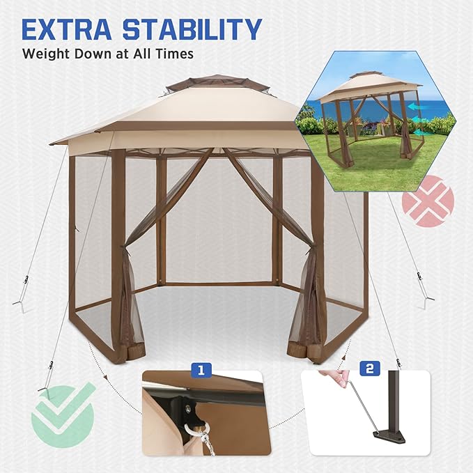 EAGLE PEAK 6-Sided Outdoor Camping Pop Up Gazebo w/Screen Netting, 13x13 Double-Tier Hexagonal Outdoor Canopy Tent for Patio, Garden, Party, Backyard, Beige