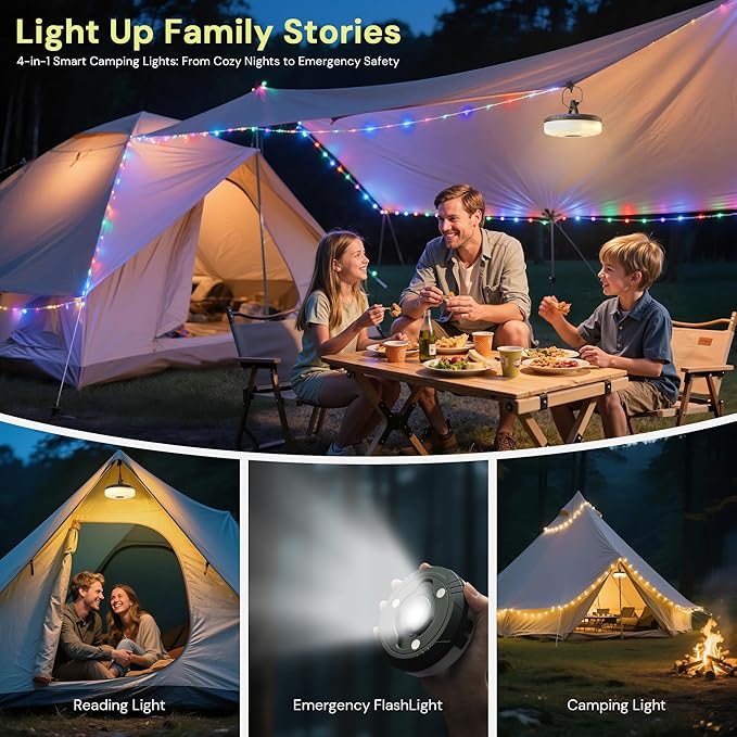 L LOHAS LED Upgraded Camping String Lights, 4 in 1 Quick Recovery Waterproof Camping Lights, 32.8FT with 8 Lighting Modes, Camping Essentials for Yard, Tent, Hiking, Patio, and Holiday Decoration