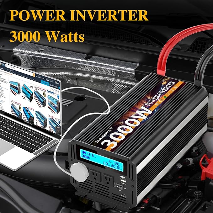 3000W Power Inverter 12V DC to AC 110V/120V (Peak) 6000W Converter 3 sockets car Inverter with Remote Control and LED Display 3.4A USB Port