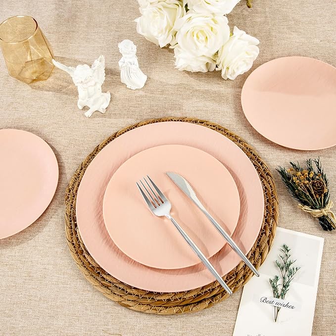 WONDERFUL 32pcs Pink Plastic Plates - Unbreakable and Reusable Pink Plates Dishwasher safe Dishes Set Includes:16 Dinner Plate 10" and 16 Dessert Plate 7.3" for Wedding Bridal Shower Halloween