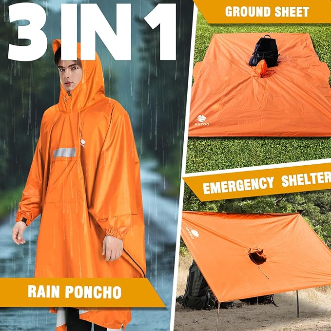 ANYOO Hooded Rain Poncho for Adults Waterproof Lightweight Rain Coat for Men Women Reusable Rain Jacket for Emergency Outdoor
