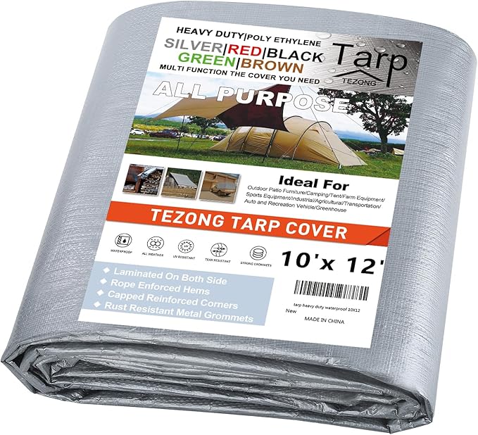 Tarp Heavy Duty Waterproof 10x12ft,TEZONG Silver Tarp 12Mil Plastic Tarpaulin Outdoor Tarp Cover for Emergency Rain,Patio Furniture,Wood,Roof,Camping,Car,Pool
