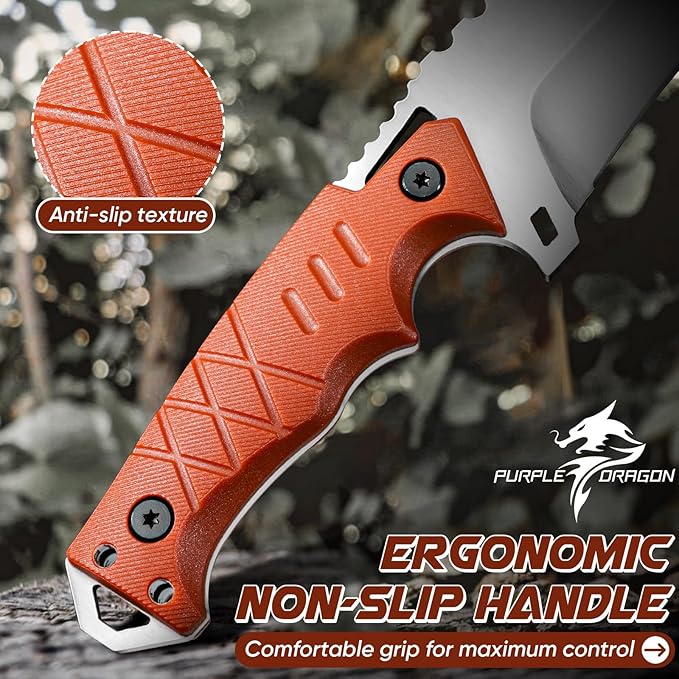 Purple Dragon Camping Knife with Sheath - D2 Steel Survival Knives for Camping, Bushcraft, Hunting - Ergonomic G10 Handle Outdoor Survival Gear Gift for Men