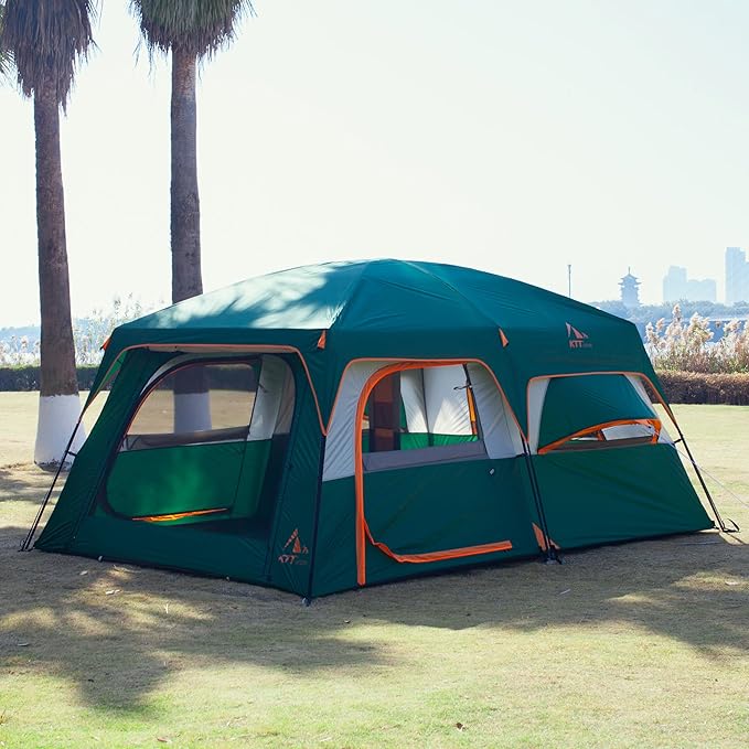 KTT Extra Large Tent 6-10-12-14 Person(A),Family Cabin Tents,2 Rooms,3 Doors and 3 Windows with Mesh,Straight Wall,Waterproof,Double Layer,Big Tent for Outdoor,Picnic,Camping,Family Gathering