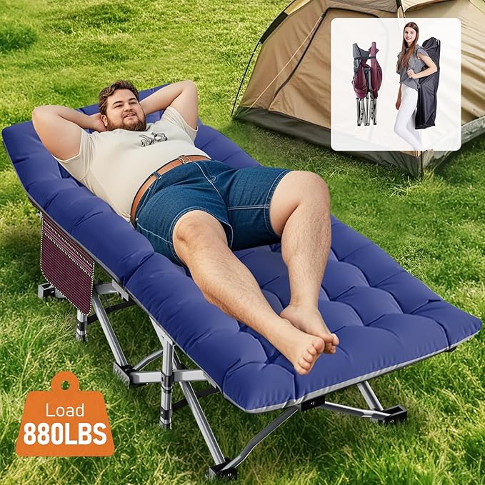 Slsy Folding Camping Cot for Adults with Pad, Padded Portable Sleeping Cots, Camp Bed with Carry Bag for Outdoor Travel, Beach, Hiking