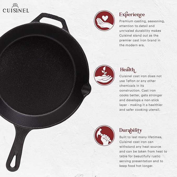 Cuisinel Cast Iron Skillet Set - 3-Piece: 6" + 8" + 10"-Inch Chef Frying Pans - Pre-Seasoned Oven Safe Cookware + 3 Heat-Resistant Handle Covers - Indoor/Outdoor Use - Grill, Stovetop, BBQ, Fire Safe