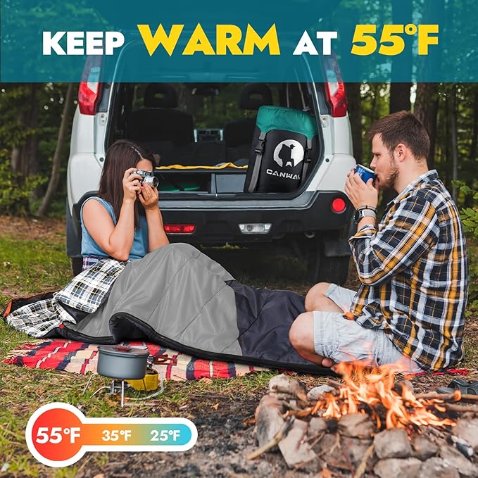 CANWAY Flannel Sleeping Bag for Adults & Kids - Camping & Backpacking - Cold & Warm Weather - Compression Sack