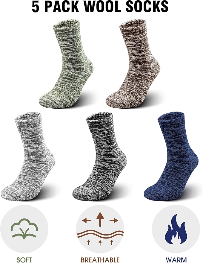 Yeblues 5 Pairs Thick Wool Socks Mens, Warm Winter Fuzzy Socks,Soft Hiking Socks Men Moisture Wicking Boot