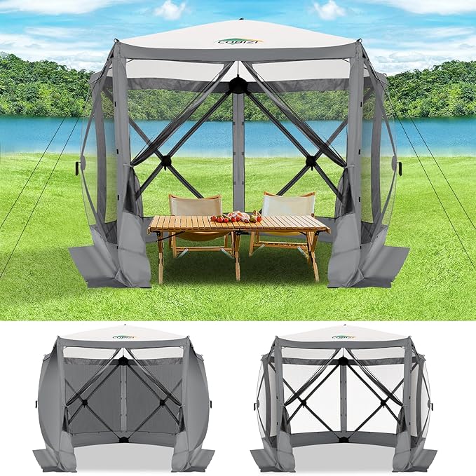 COBIZI 10x10ft Pop up Gazebo Screen House Tent for Camping, Pop-up Camping Canopy with Sidewalls,Portable Outdoor Quick-Set Hub Tent with Carrying Bag&Ground Stakes,Gray(Upgraded 2.0)
