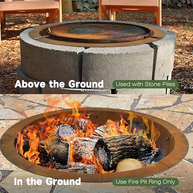 Fire Pit Ring Outdoor Wood Burning Fire Pit Liner 43.3 Inch Camping Fire Ring Corten Steel Firepit Ring Heavy Duty Campfire Ring Above or In-Ground for Bonfire Outdoor Backyard