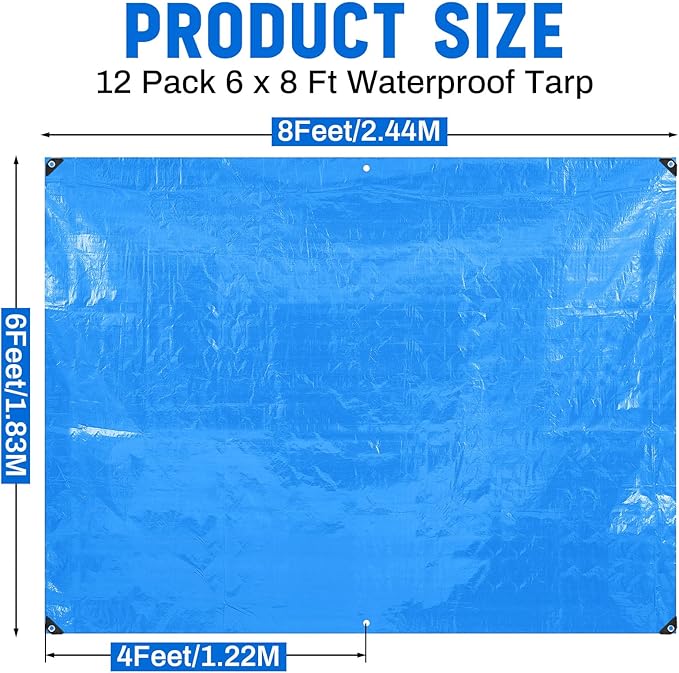 12 Pack 6 x 8 ft 5.5 Mil Large Tarps Heavy Duty Waterproof Tarp Multi Purpose Tent Cover for Home Boats Cars Camping Patio Furniture Roof Emergency Rain Protective Cover, Blue