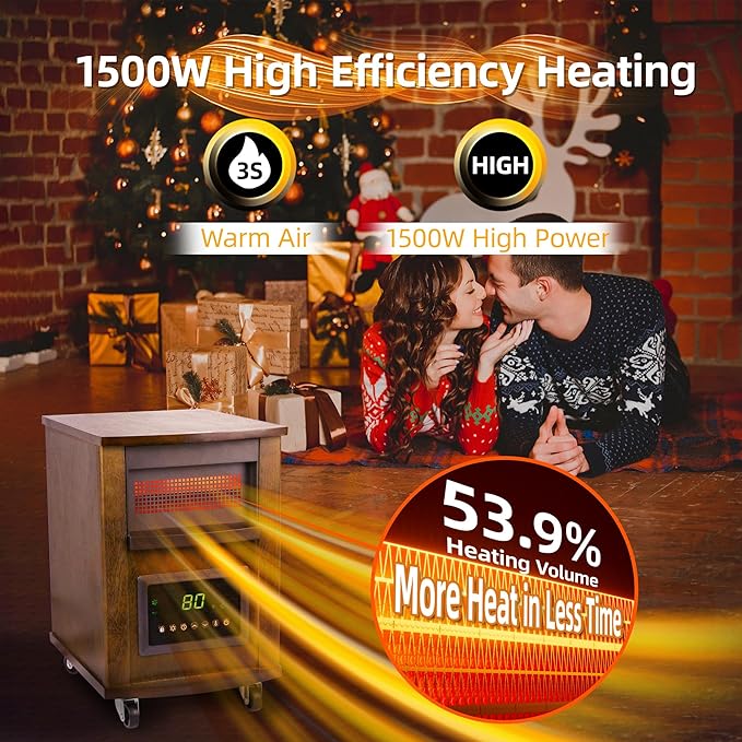 1500W Realsmart Space Infrared Heater for Indoor Use Large room Electric Quartz Heater with Remote Control Wheels LCD Display 3 Heating Modes 12H Timer Overheat Tip Over Protection Safe