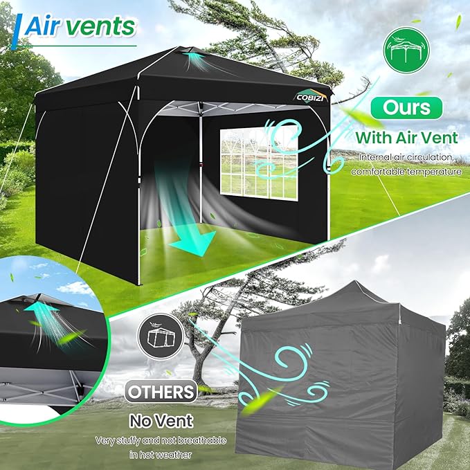 COBIZI 10x10 Pop Up Canopy Tent with 3 Removable Sidewalls & Air Vent | Waterproof Instant Setup 90s, Commercial-Grade Gazebo Tent for Camping/BBQ/Events | Includes Sandbags, Stakes & Ropes (Black)