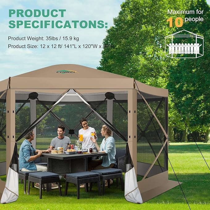 COBIZI 12x12 Pop up Gazebo Screen House Tent for Camping, Outdoor Canopy with Removable Roof&Mosquito Netting, Portable Hub with Carrying Bag and Ground Stakes, Khaki