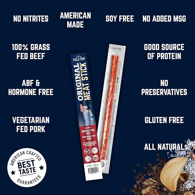 Field Trip Grass Fed Original Jerky Snack Sticks, Keto, Paleo, Gluten Free, Allergy Friendly Snack, High Protein, 90 Calorie Snack, 1oz, 10 Pack
