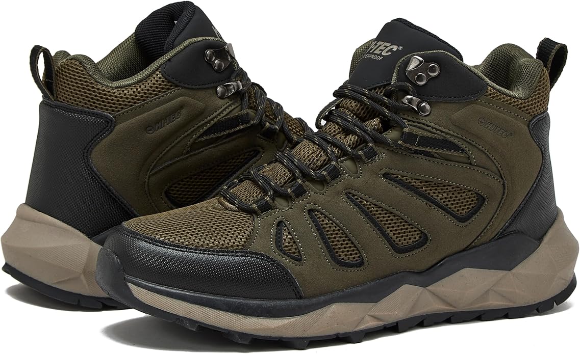 HI-TEC Valley Geo Mid Waterproof Hiking Boots for Men, Lightweight Breathable Outdoor Trekking and Trail Sneakers, Sizes 7 to 15