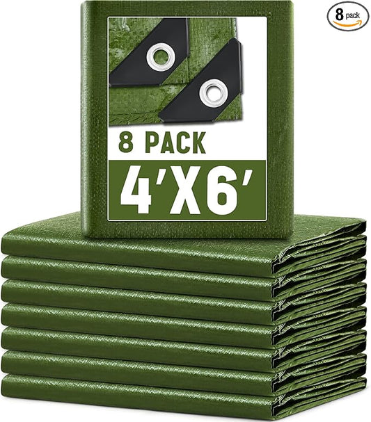 8 Pack 4 x 6 ft 5.5 Mil Small Tarps Heavy Duty Waterproof Tarp Multi Purpose Tent Cover for Home Boats Cars Camping Patio Furniture Roof Emergency Rain Protective Cover, Army Green