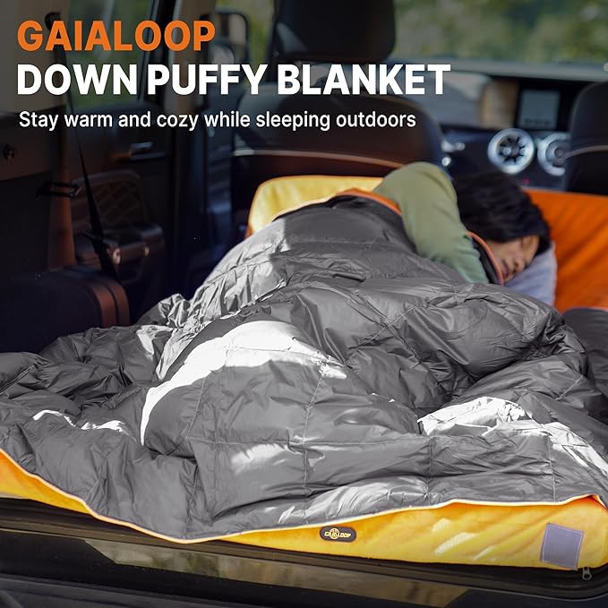 Down Puffy Blanket for Car Camping Outdoor Travel Backpacking, Duck Down Lightweight Portable Soft Warm Cozy Camping Blanket Quilt, Light Gray