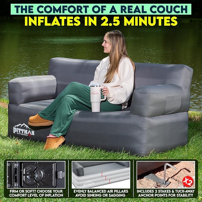 Pittman - Camping Inflatable Couch with Built in Pump for Outdoors & Indoors - Blow Up Couch for Camping has Heavy Duty Puncture Resistant Fabric for Inflatable Sofa Comfort, Support & Durability