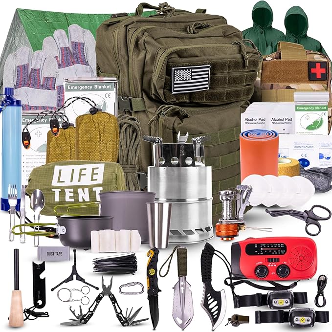 72-Hour Survival Kit | Emergency Bug Out Bag with First Aid, Water Filter, Food, Tools | 45L Tactical Backpack for Camping, Hiking, Outdoor Emergency Preparedness