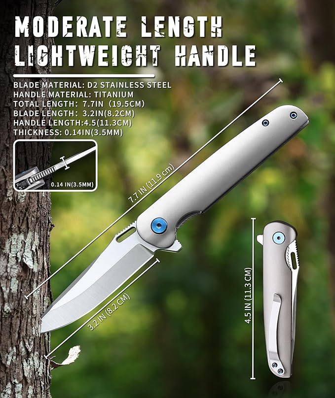 The pocket camping knife,Titanium Alloy Handle 3.2”blade Folding Pocket Knife with clip