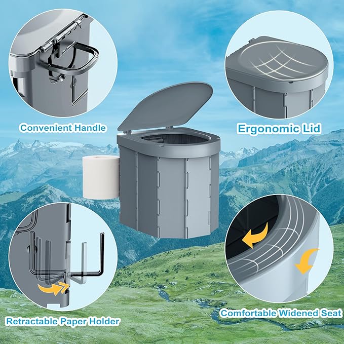 Portable Camping Toilet, Folding Toilet for Adults with Lid and Retractable Toilet Paper Holder, Waterproof Porta Potty with Carry Bag and Disposible Liners for Hiking, RV Travel, Road Trips,Dark Gray