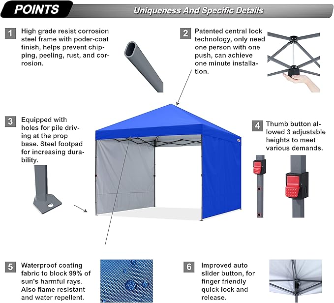 ABCCANOPY Easy Pop up Canopy Tent with 2 Sidewalls for Outdoor Sun Blocking or Rain Protection, 8x8, Royal Blue