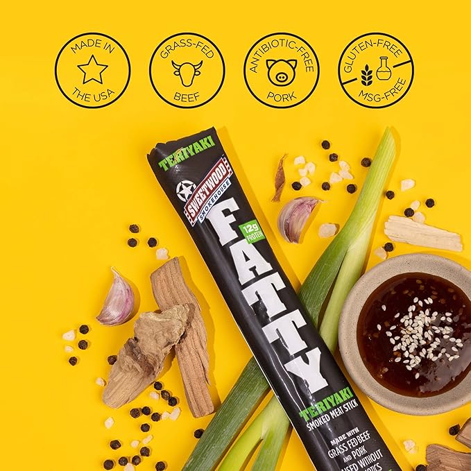 FATTY Meat Sticks, Made with Grass Fed Beef, Pork Raised Without Antibiotics, 12g Protein Per Stick, Teriyaki, 2 oz. (Pack of 20)