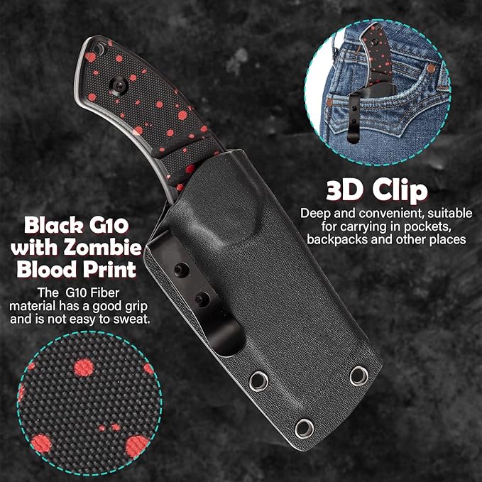 KANSEPT Knives Korvid S Fixed blade Knife with 2.9'' Blackwash 14C28N with Zombie Blood Print Cleaver Blade and Black G10 with Zombie Blood Print Handle, Kydex Sheath for Everyday Carry G2030A10