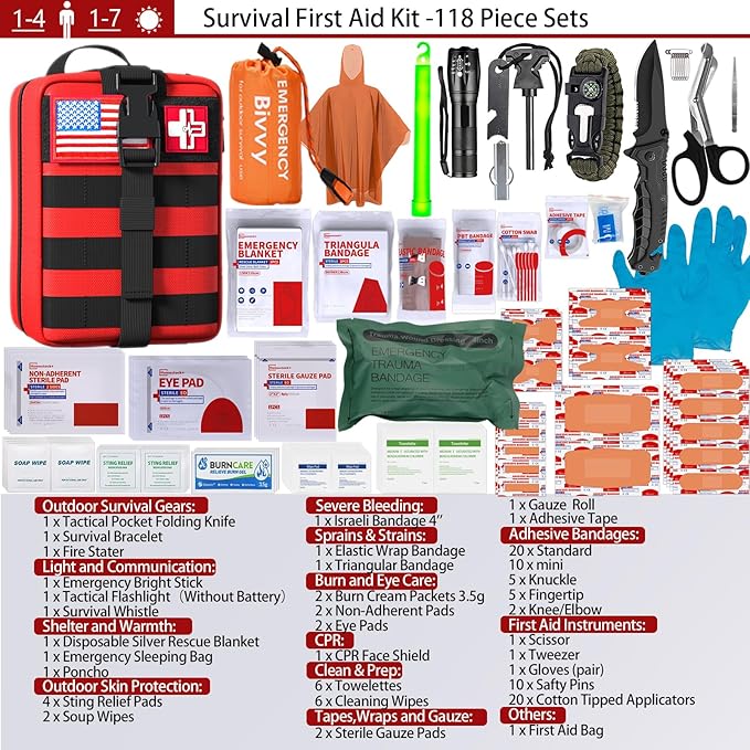 First Aid Kit,Survival Gear Outdoor Tactical Gear Set Military Grade Molle System for Camper Travel Hunting Hiking and Adventures(RED)