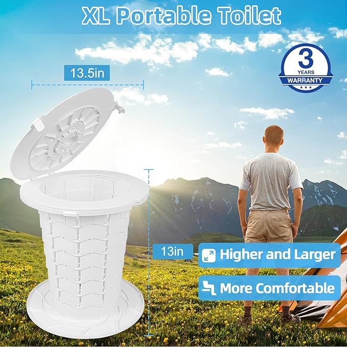 XL Portable Toilet - 13"H Adjustable Foldable Camping Toilet, Luggable Loo with Lid, Strap, Toilet Bag for Camping, Hiking, Travel and Car
