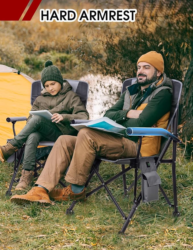 Heated Camping Chair for Adults, Heats Back and Seat, 3 Heat Levels, Fully Padded Heated Folding Chair for Outdoor Sports with Cup Holder, Rich Pockets, Battery NOT Included