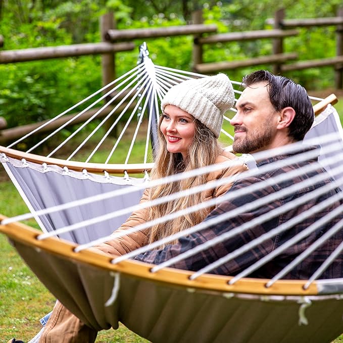 SUNCREAT Double Portable Hammock with Stand, 2 Person Hammock with Curved Spreader Bar, Balance Ropes Included, Dark Gray