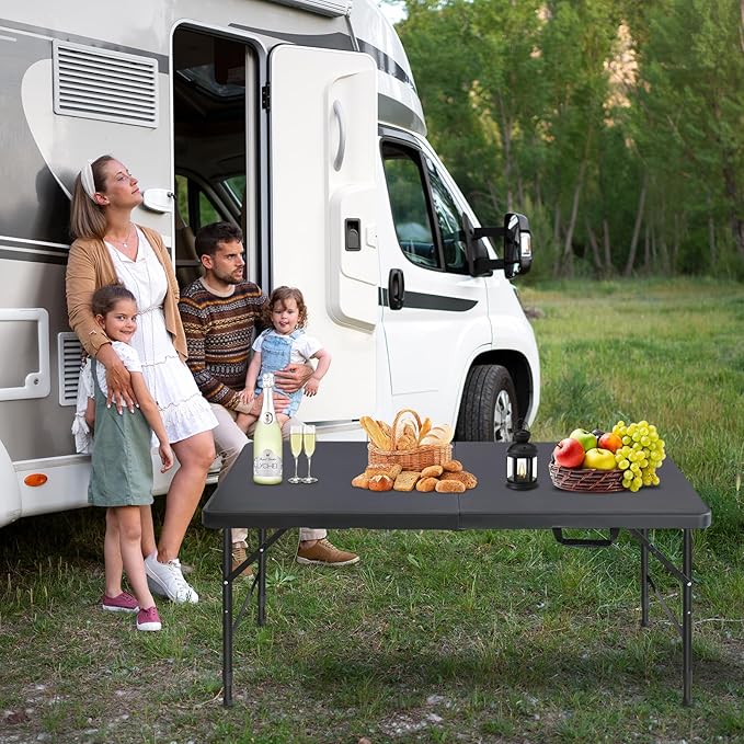 Portable Plastic Folding Table 4ft/6ft/8ft Heavy Duty White Black Picnic Dining Table Fold-in-Half for Camp Party Kitchen Indoor Outdoor